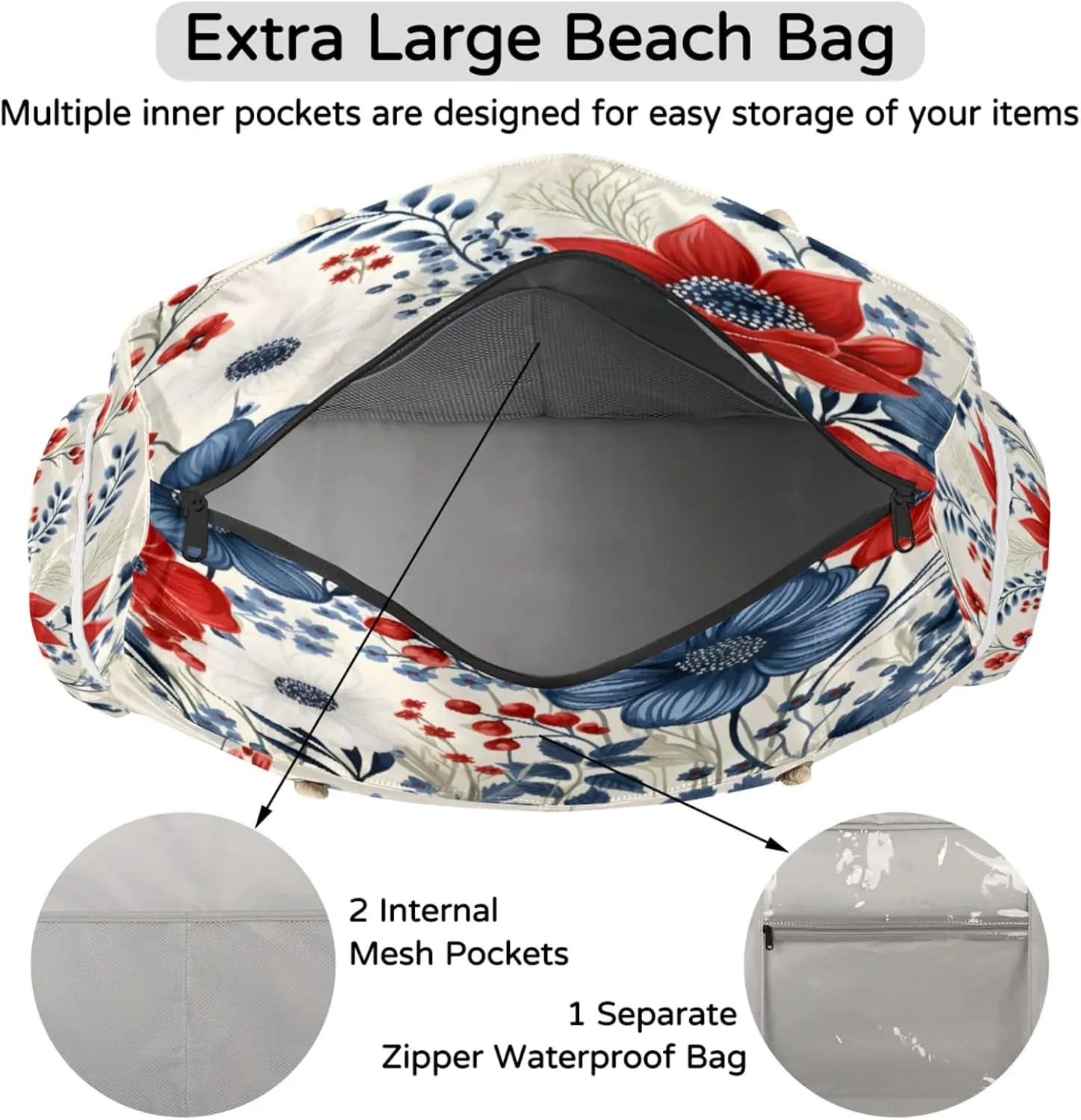 Large Beach Tote Bags for Women, Waterproof Beach Bag with Zipper, Swim Pool Tote Bags
