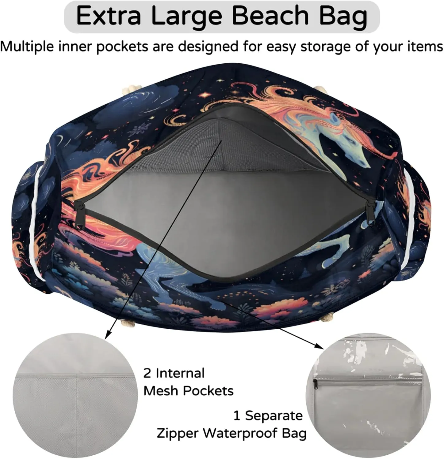 Large Beach Tote Bags with Zipper, Beach Bag for Women, Waterproof Sandproof Pool Swim Bags, Travel Tote Bag