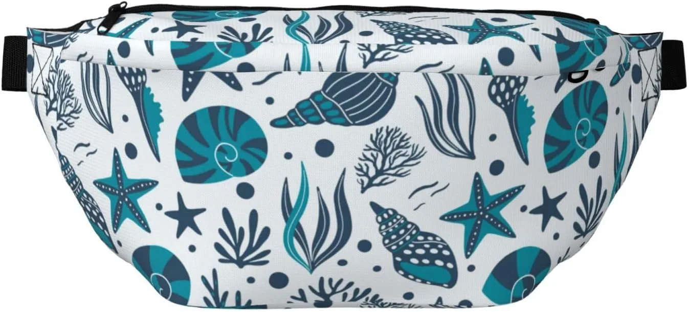 Large Fanny Packs for Women Men Cross Body - seashells starfish corals seaweeds Travel Crossbody Bags for Women Trendy, Belt Bag for Women Men Crossbody, Waist Bag for Women With Adjustable Strap