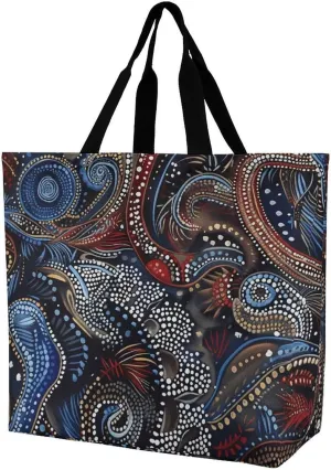 Large Grocery Bags Beach Tote Folk Art Patterns Shopping Bag for Women Shoulder Bag for Travel Work Handbag