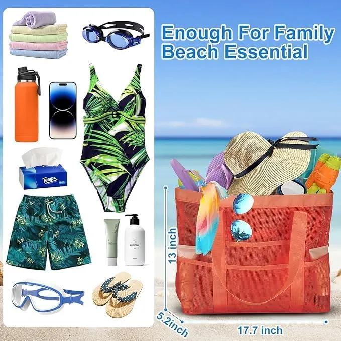 Large Mesh Beach Bag, Beach Tote Bags with 9 Pocket for Family
