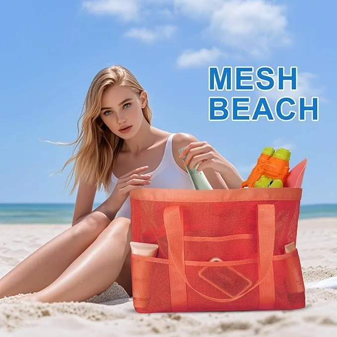 Large Mesh Beach Bag, Beach Tote Bags with 9 Pocket for Family