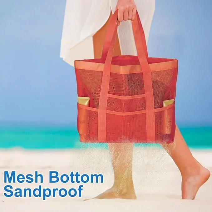 Large Mesh Beach Bag, Beach Tote Bags with 9 Pocket for Family
