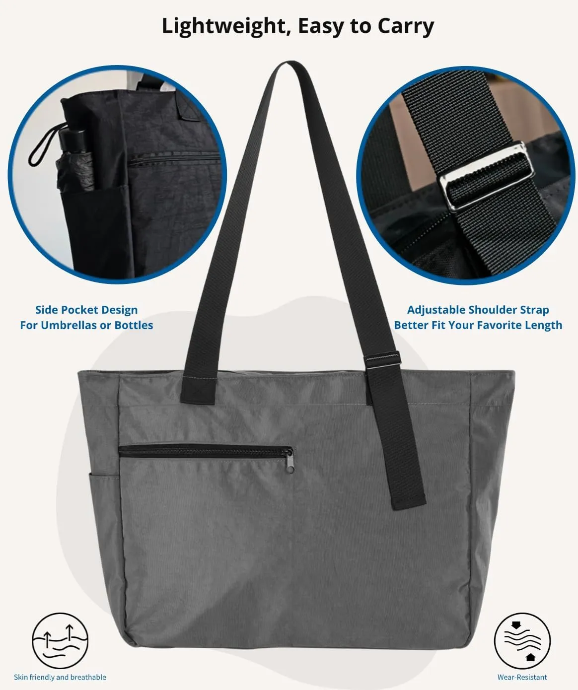 Large Tote Bag for Women Versatile Lightweight Adjustable Strap Shoulder Handbag with Zipper for Gym,Travel, Work,Beach