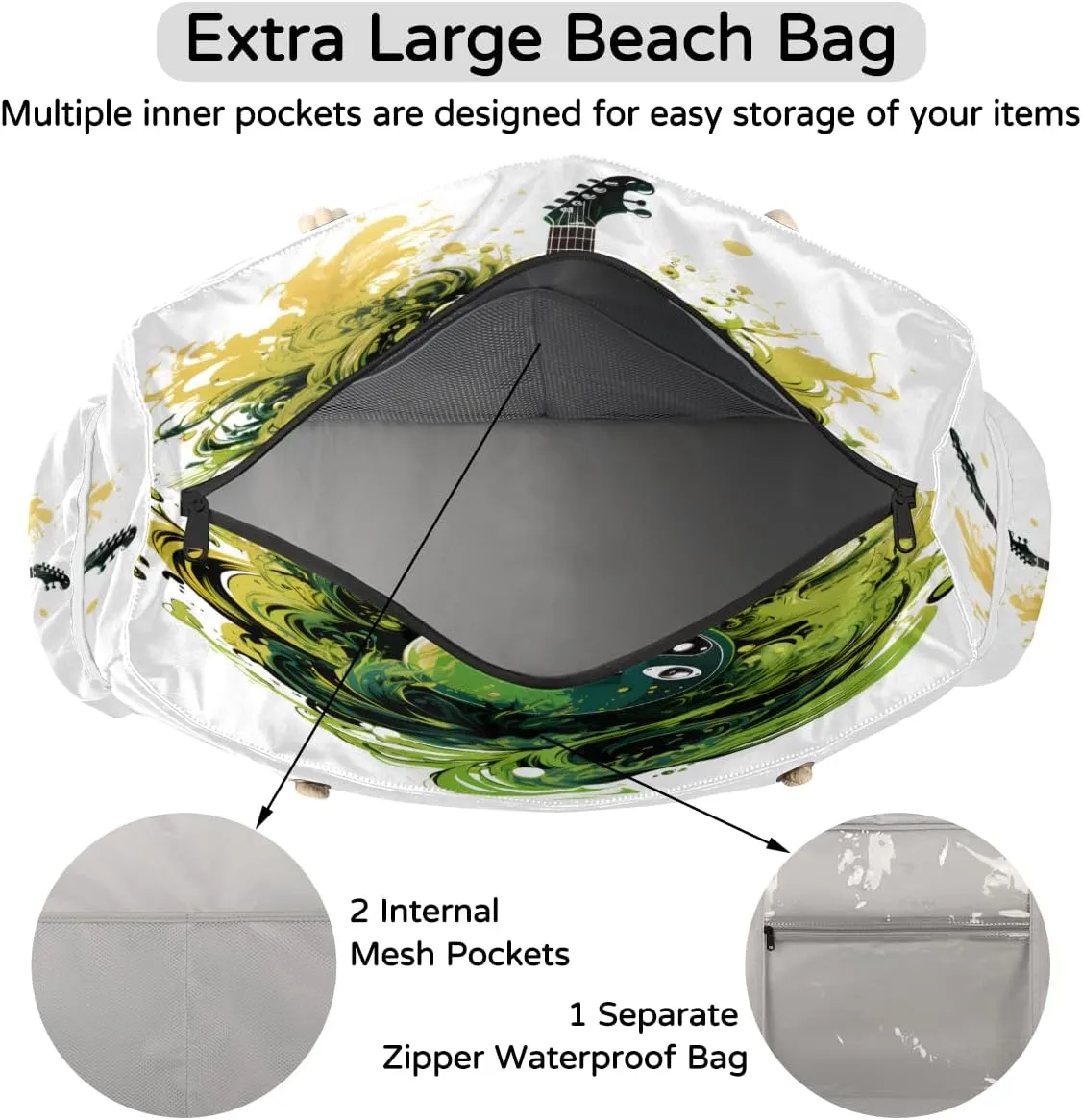 Large Tote Beach Bags for Women with Zipper Waterproof Sandproof Swim Pool Grocery Gym Travel Bag