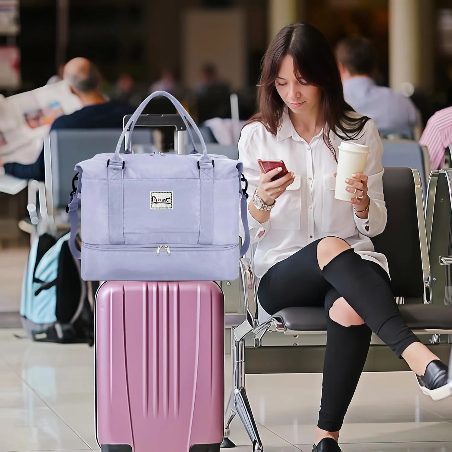 Large Travel Duffle Bag Weekender Bags for Women with Shoes Compartment, Travel Duffel Tote Carry on Overnight Bag for Travel Business Trips, Sport Yoga Gym Bag with Wet Pocket (Grey)