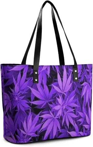 Large Waterproof PU Leather Tote Bag Casual Purple Cannabis Weed Leaves Handbags with Zipper for Beach, Travel, Gym and Swim