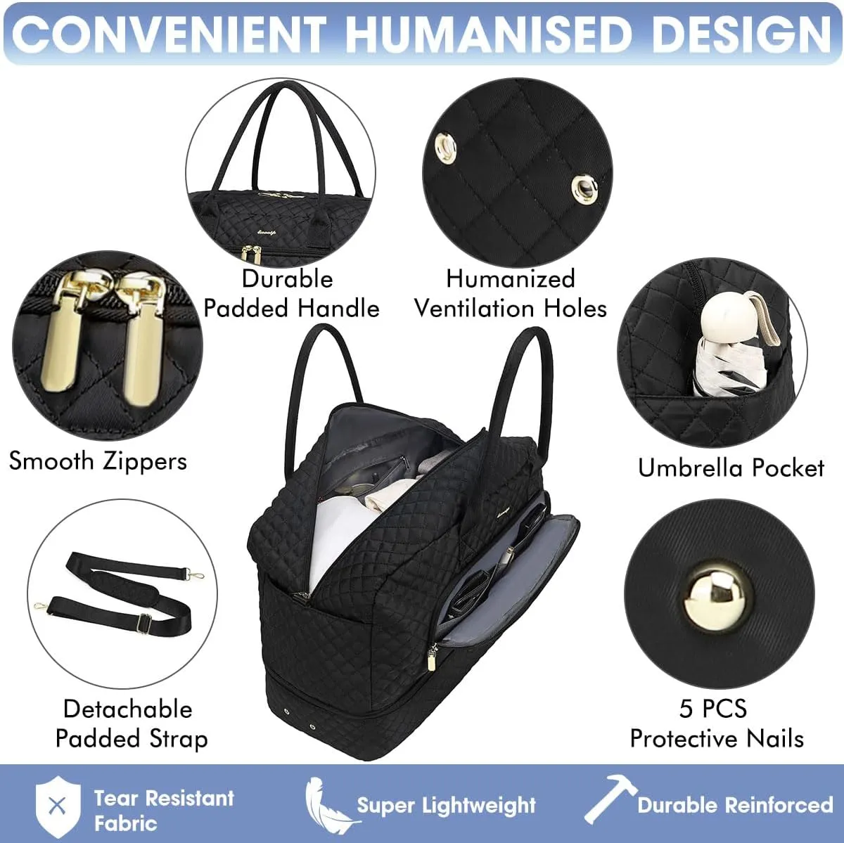 Large Women Travel Duffle Bag - Carry on Overnight Bag Weekend Travel Duffel Tote Bag Yoga Gym Bag with Wet Pocket Toiletry Weekender Overnight Bag for Travel Business Trips Sport Hospital Black