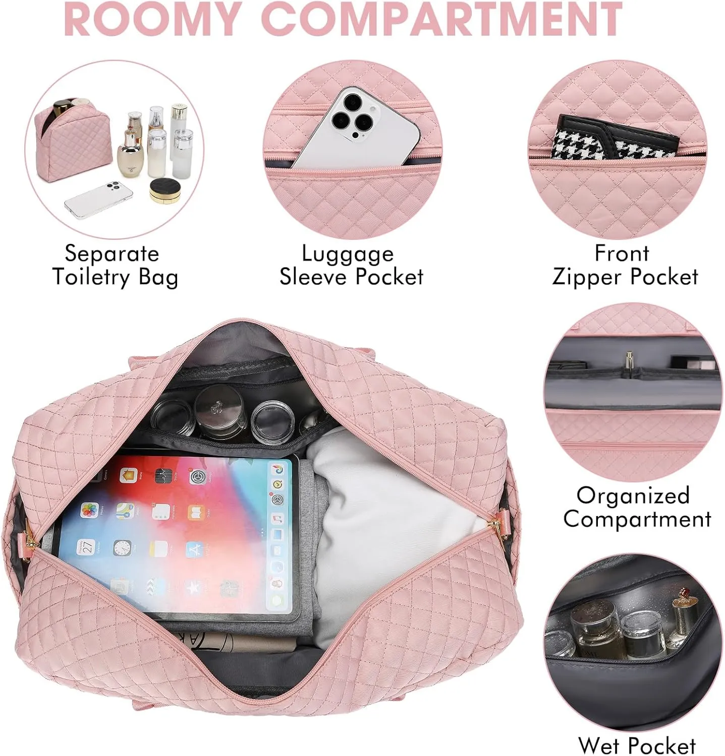 Large Women Travel Duffle Bag - Carry on Overnight Bag Weekend Travel Duffel Tote Bag Yoga Gym Bag with Wet Pocket Toiletry Weekender Overnight Bag for Travel Business Trips Sports Hospital Pink