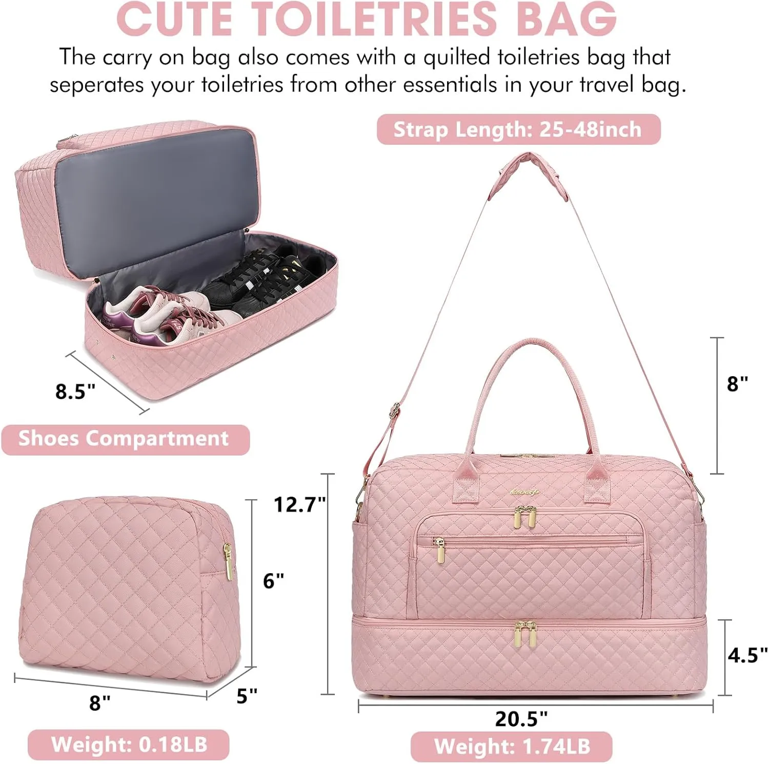 Large Women Travel Duffle Bag - Carry on Overnight Bag Weekend Travel Duffel Tote Bag Yoga Gym Bag with Wet Pocket Toiletry Weekender Overnight Bag for Travel Business Trips Sports Hospital Pink