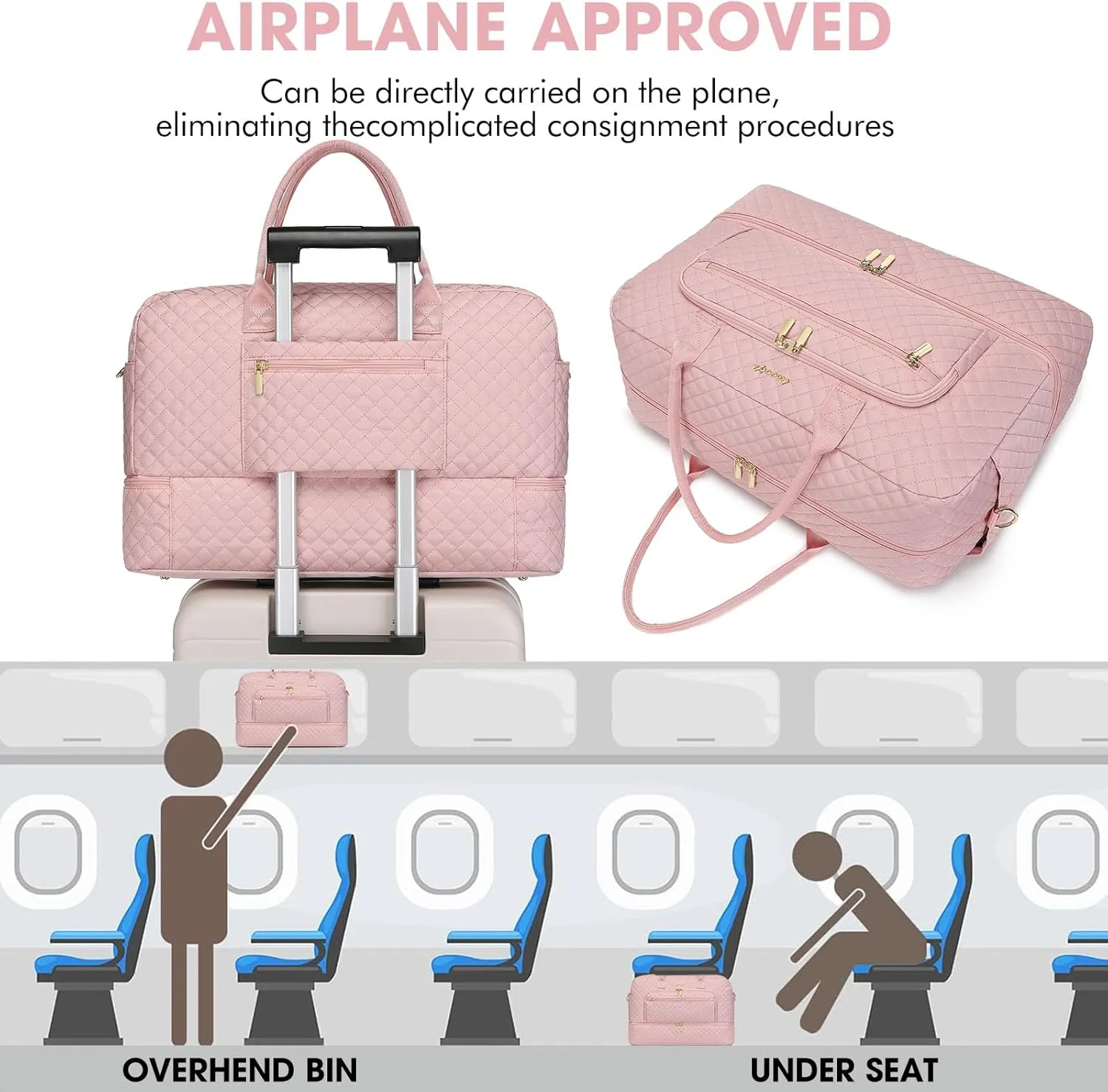 Large Women Travel Duffle Bag - Carry on Overnight Bag Weekend Travel Duffel Tote Bag Yoga Gym Bag with Wet Pocket Toiletry Weekender Overnight Bag for Travel Business Trips Sports Hospital Pink