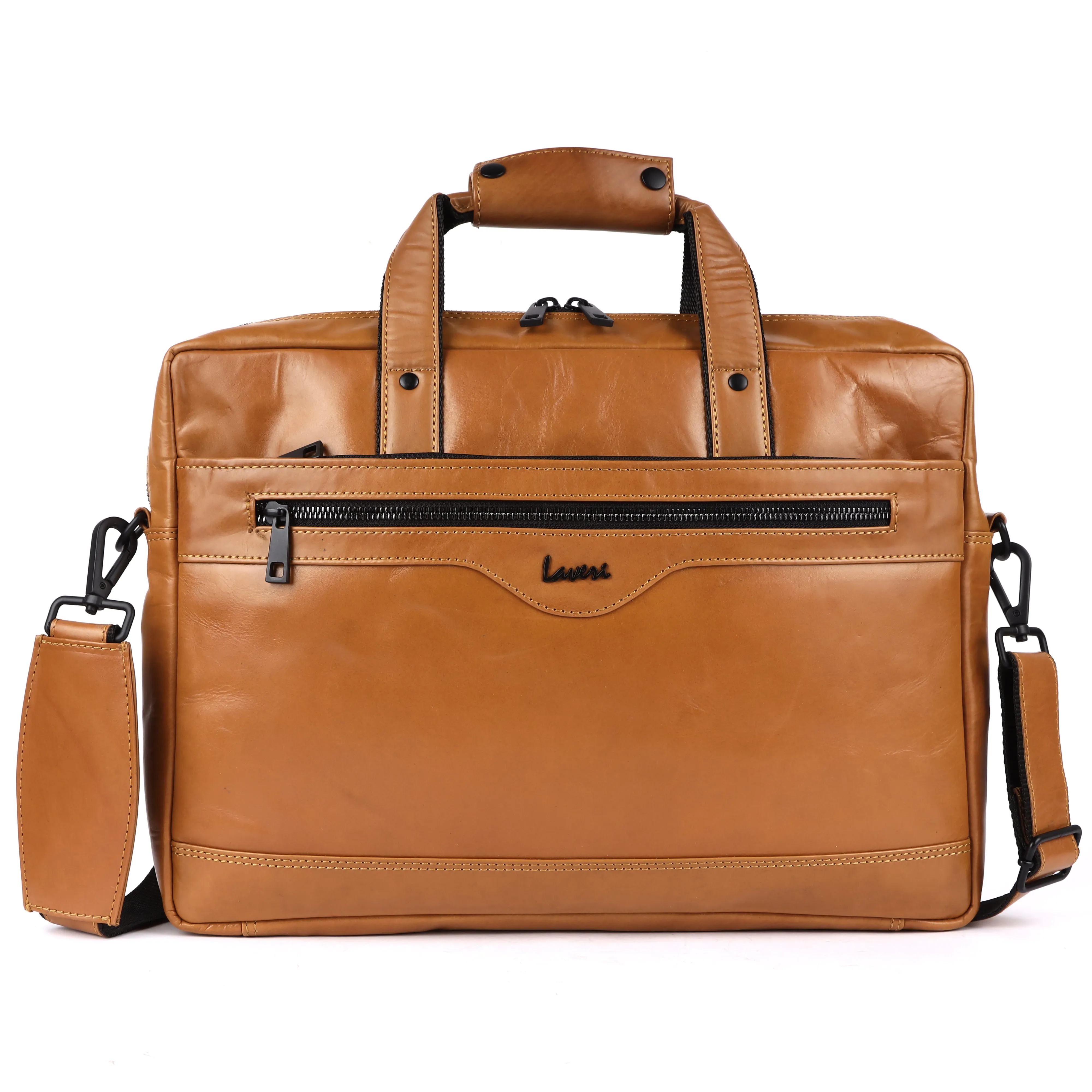 Laveri Genuine Leather Office Laptop Bag (TAN-TUMBLER)