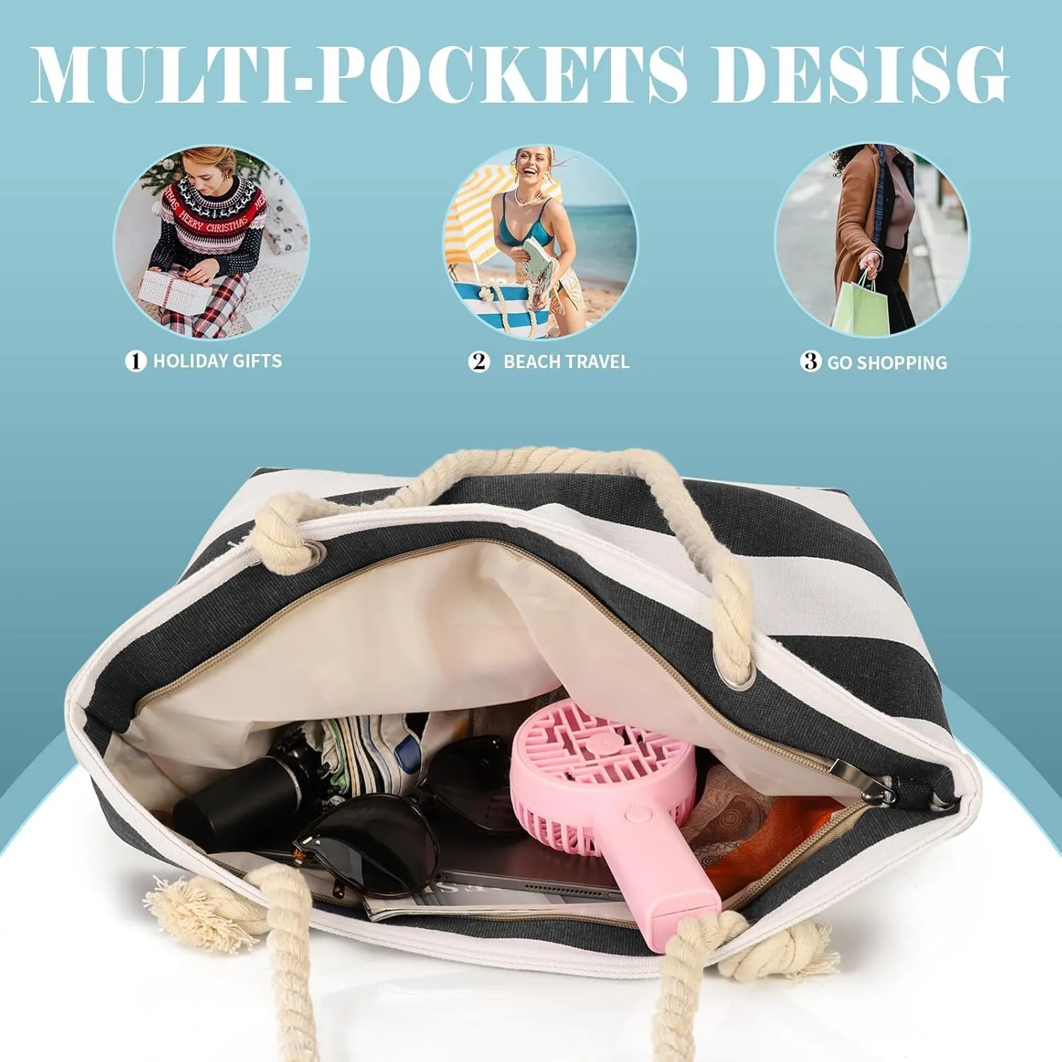 LAVTUG Beach Bags for Women Large Canvas Beach Tote Bag Waterproof Sandproof Beach Bags Swim Pool Bag Travel Essentials