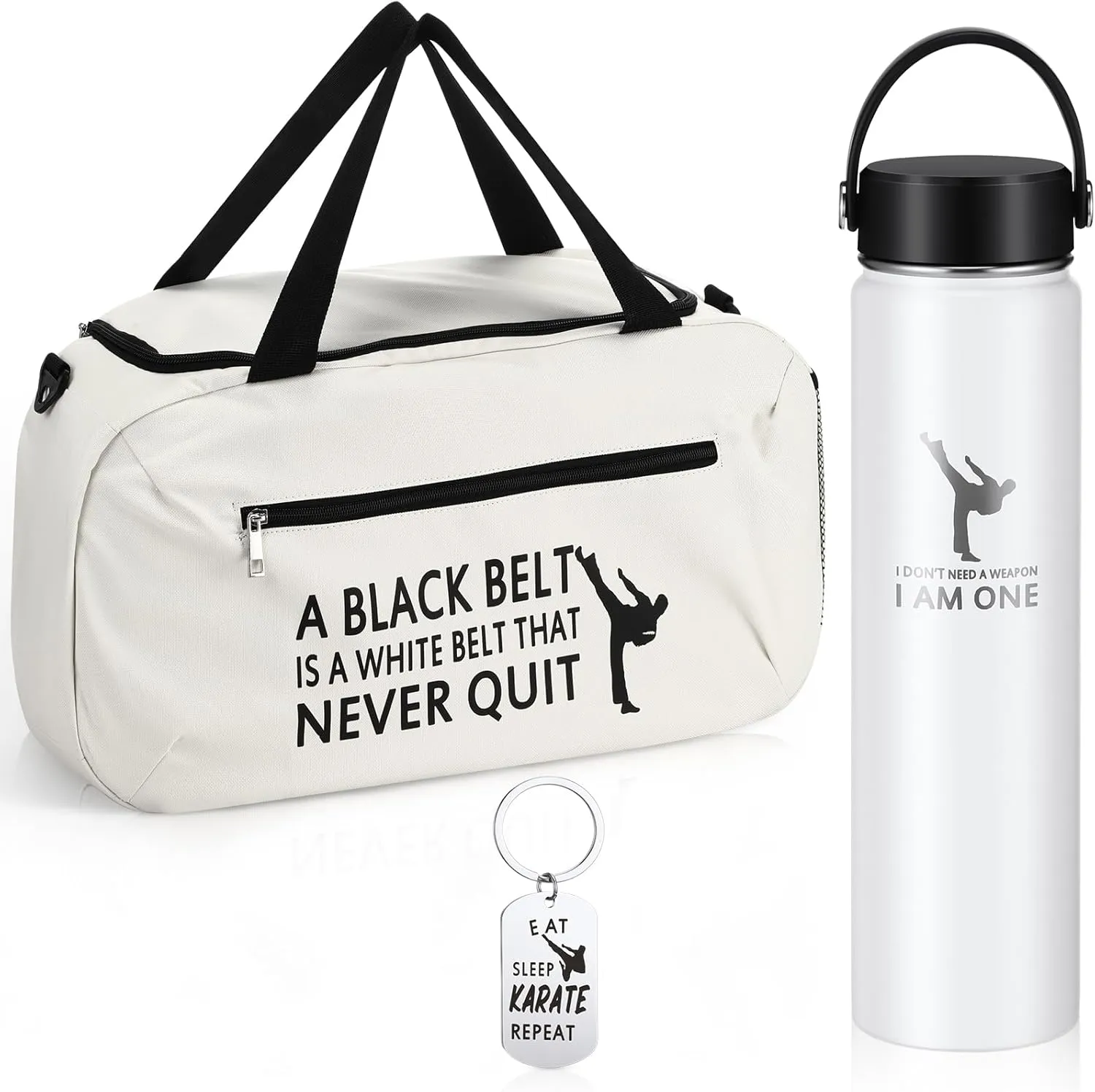 Layhit 3 Pcs Karate Gifts for Boys Taekwondo Karate Bag Martial Arts Duffel Bag 24 oz Stainless Steel Water Bottle Keychain Taekwondo Gifts for Kids Adults Lover