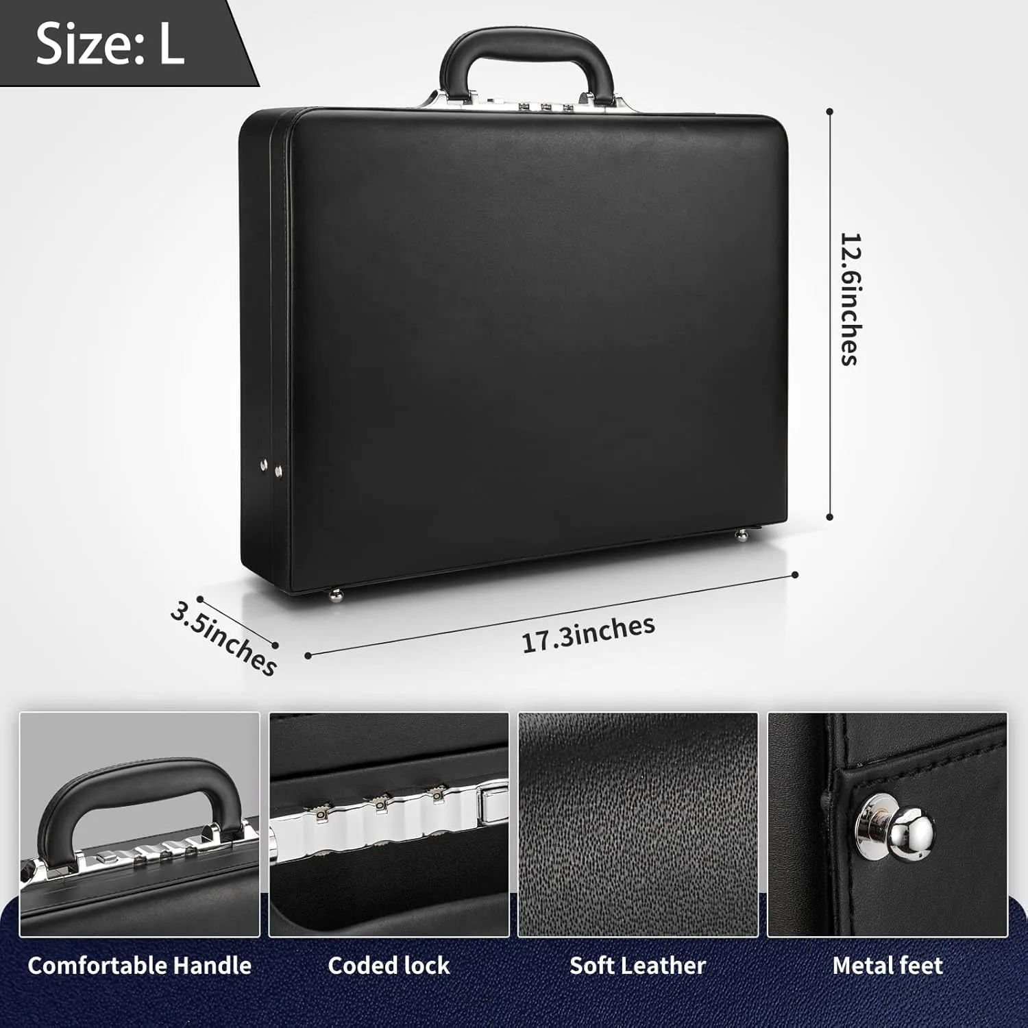 Leather Briefcase for Men with Combination Lock, Classic Hard Shell Attache Case in Black, Fits 16 Inch Laptop