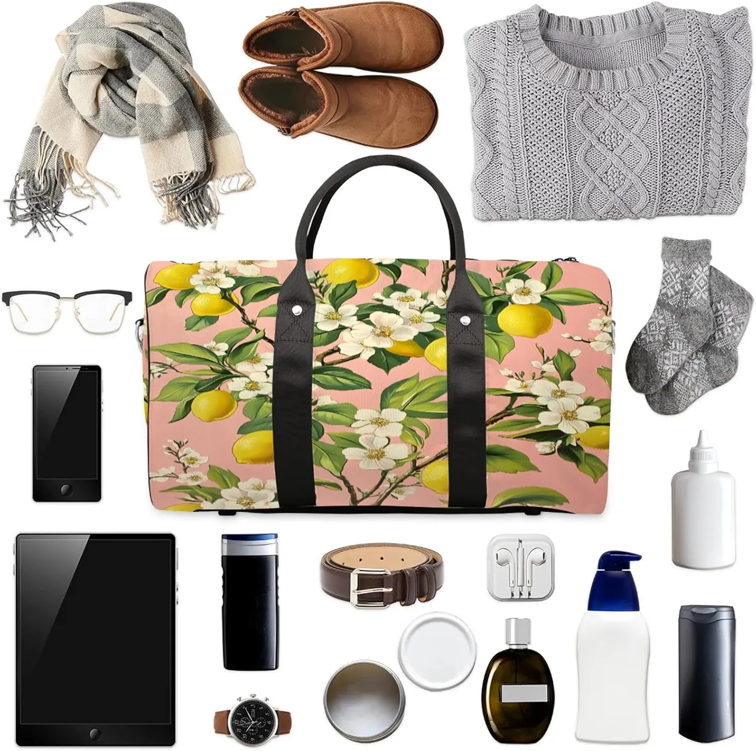 Lemon Tree Duffle Bag for Travel, Overnight Weekend Gym Carry On Luggage Bag, Lemon Flower Travel Duffel Bag for Men Women