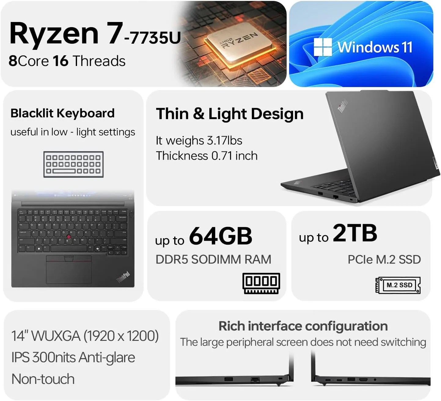 Lenovo ThinkPad E14 Gen 6 Business Laptop, 14" WUXGA, AMD Ryzen 7 7735U up to 4.75GHz, 32GB DDR5 RAM, 2TB SSD, Fingerprint, Backlit, HDMI, Wi-Fi 6, Win 11 Pro, Bundle with ADATA 512GB External SSD
