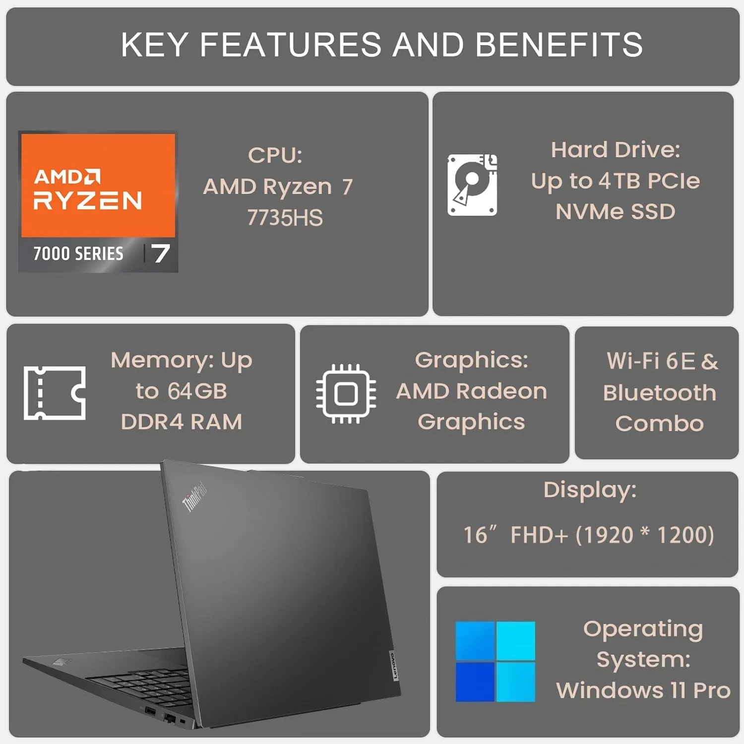 Lenovo ThinkPad E16 G2 16" FHD  Business Laptop Computer, AMD 8-Core Ryzen 7 7735HS (Beat i7-1355U), 64GB DDR5 RAM, 1TB PCIe SSD, WiFi 6E, Backlit Keyboard, Fingerprint Reader, Windows 11 Pro, AZ-XUT
