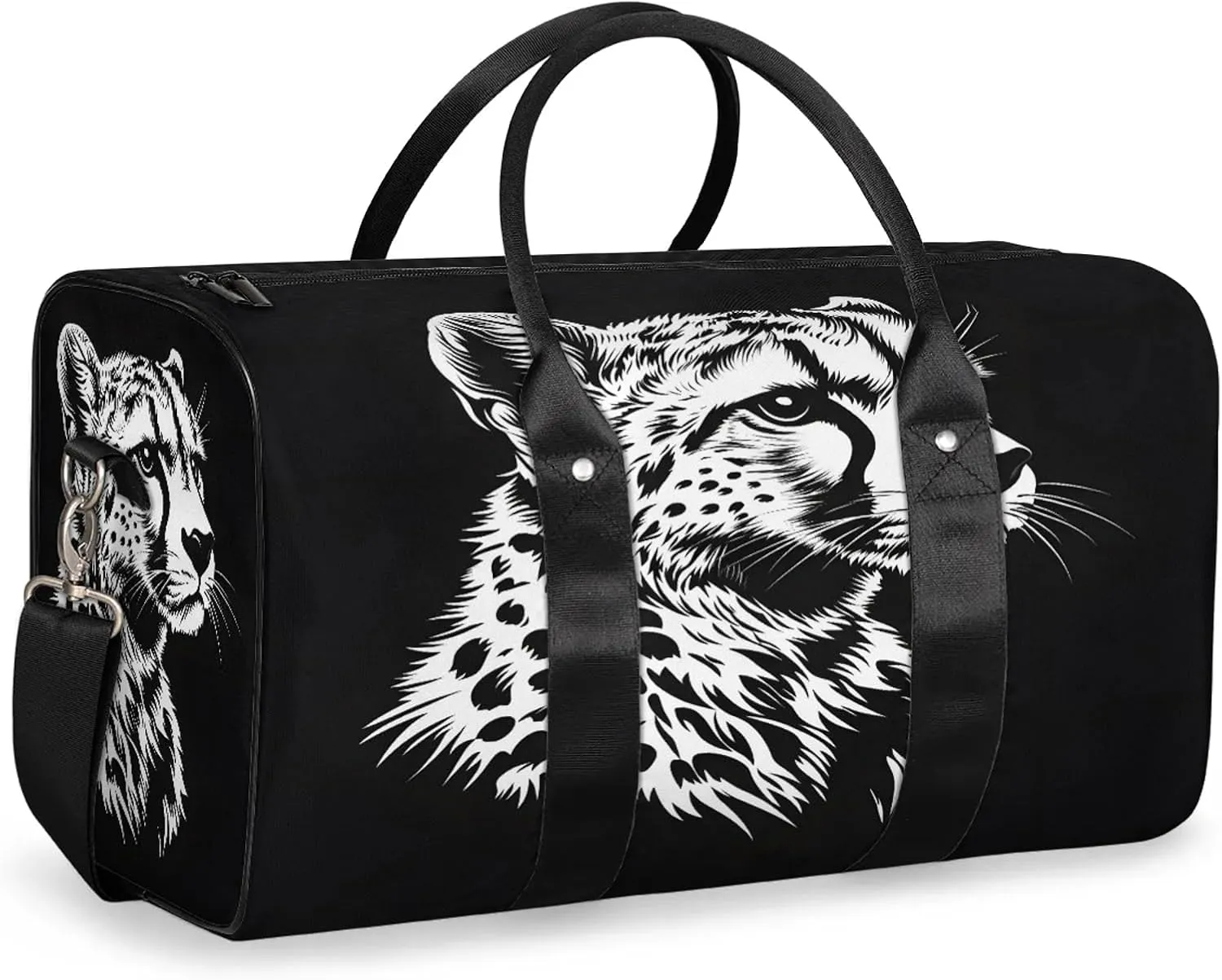 Leopard Duffle Bag for Travel, Overnight Weekend Gym Carry On Luggage Bag, Black and White Leopard Travel Duffel Bag for Men Women