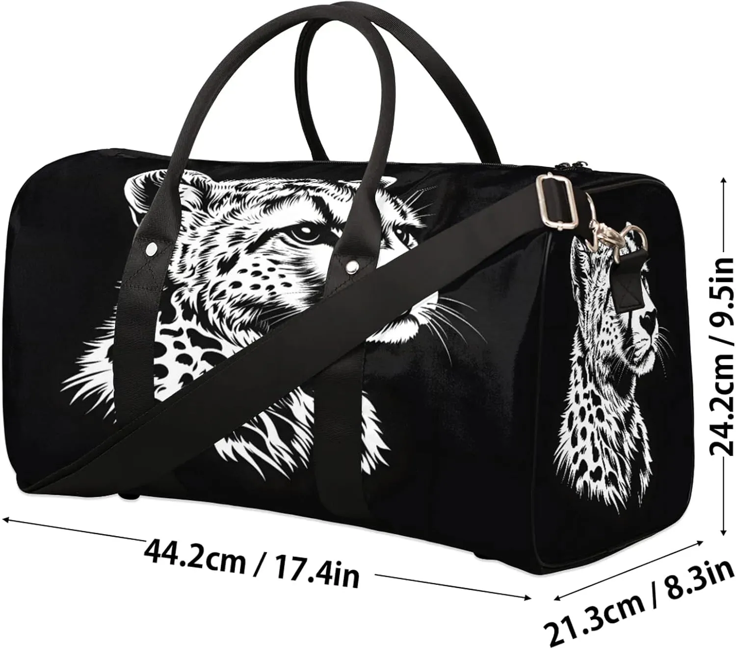 Leopard Duffle Bag for Travel, Overnight Weekend Gym Carry On Luggage Bag, Black and White Leopard Travel Duffel Bag for Men Women