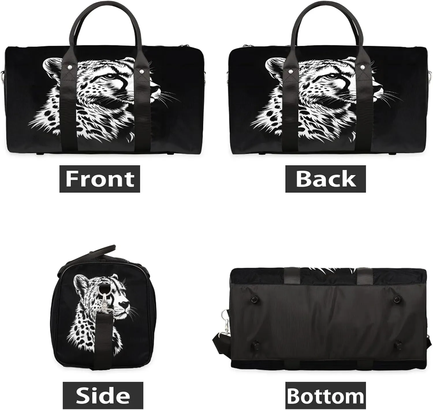 Leopard Duffle Bag for Travel, Overnight Weekend Gym Carry On Luggage Bag, Black and White Leopard Travel Duffel Bag for Men Women