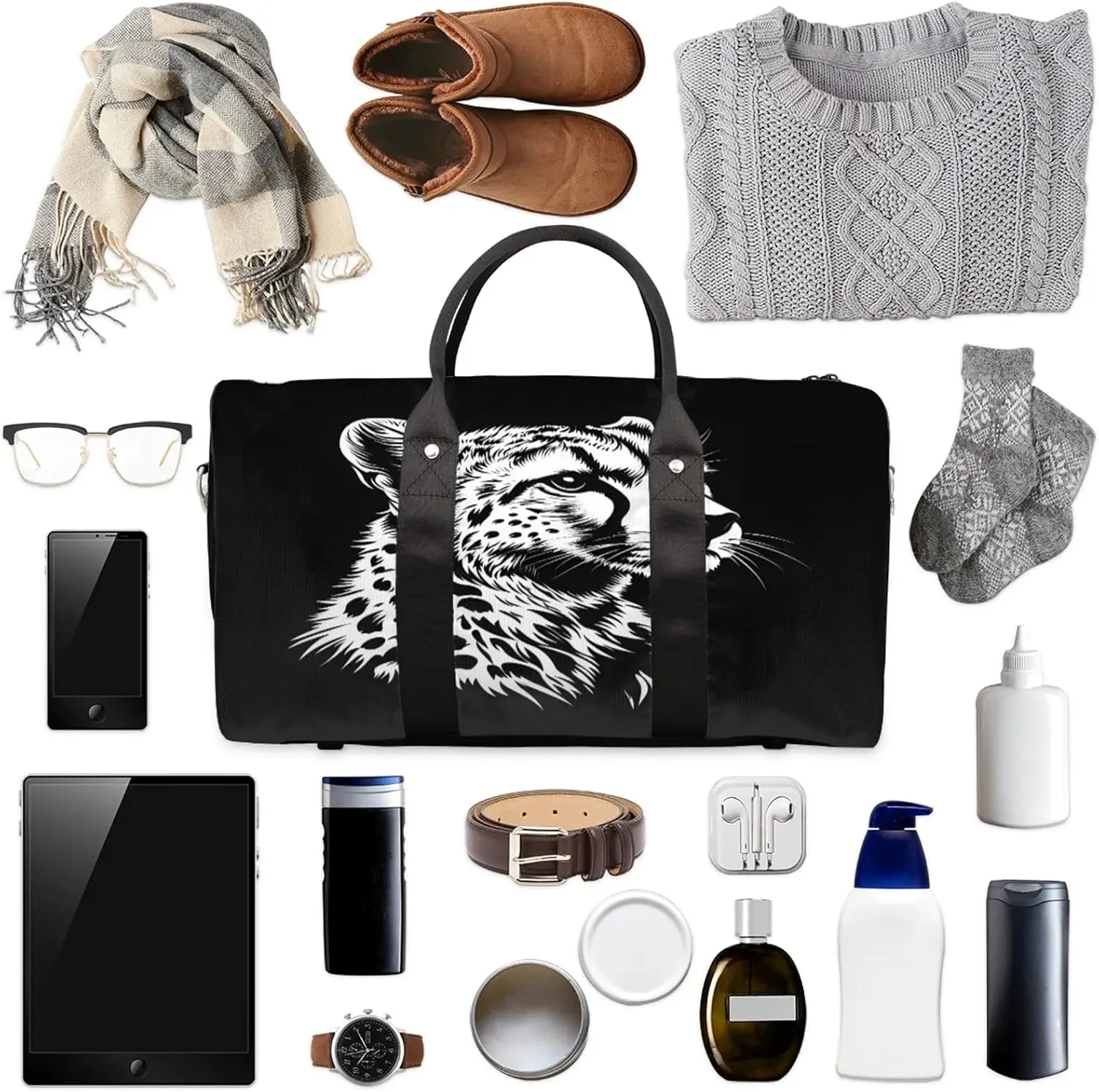 Leopard Duffle Bag for Travel, Overnight Weekend Gym Carry On Luggage Bag, Black and White Leopard Travel Duffel Bag for Men Women