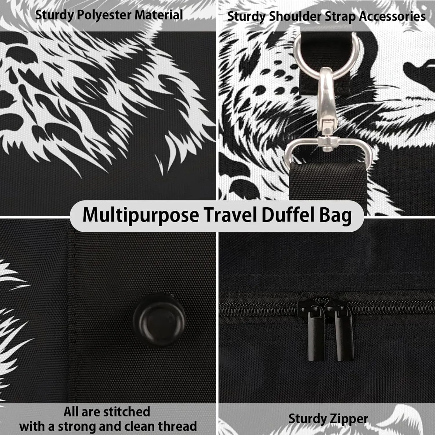Leopard Duffle Bag for Travel, Overnight Weekend Gym Carry On Luggage Bag, Black and White Leopard Travel Duffel Bag for Men Women