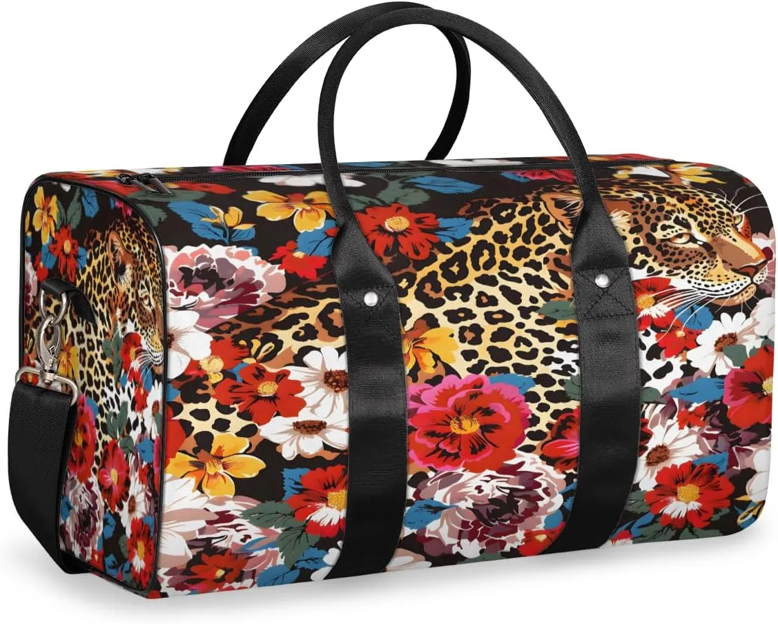 Leopard Print Flower Cheetah Travel Duffle Bag, Sports Gym Bags for Women Men, Carry On Weekender Overnight Workout Airplane Trips Bag