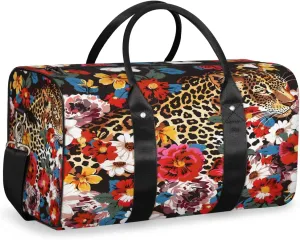 Leopard Print Flower Cheetah Travel Duffle Bag, Sports Gym Bags for Women Men, Carry On Weekender Overnight Workout Airplane Trips Bag