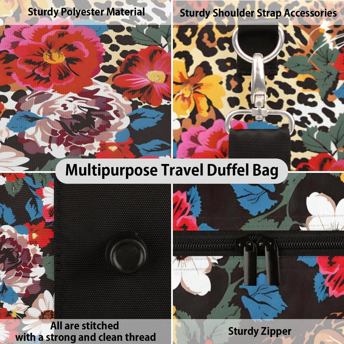 Leopard Print Flower Cheetah Travel Duffle Bag, Sports Gym Bags for Women Men, Carry On Weekender Overnight Workout Airplane Trips Bag