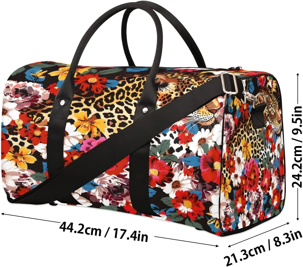 Leopard Print Flower Cheetah Travel Duffle Bag, Sports Gym Bags for Women Men, Carry On Weekender Overnight Workout Airplane Trips Bag