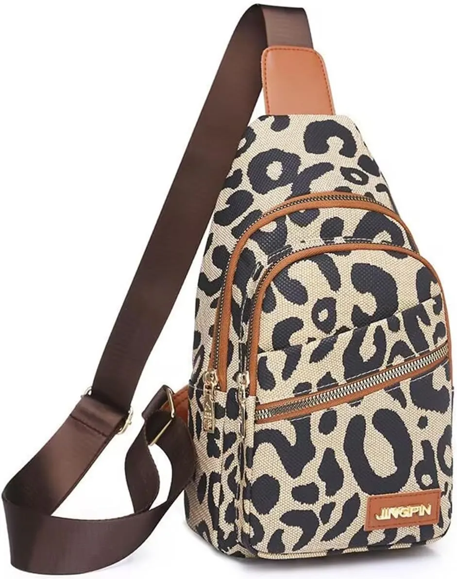Leopard Print Lightweight Cross-Body Sling Bag for Women, Waterproof Chest Bag with Anti-Theft Zipper, Wide Strap Compact Daypack for Travel, Hiking