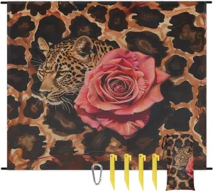Leopard Rose Beach Blanket, Sandproof Beach Mat, Adults Waterproof Quick Drying Sand Free Mat with 4 x Ground Spikes for Outdoor Travel Camping Hiking, Leopard Print