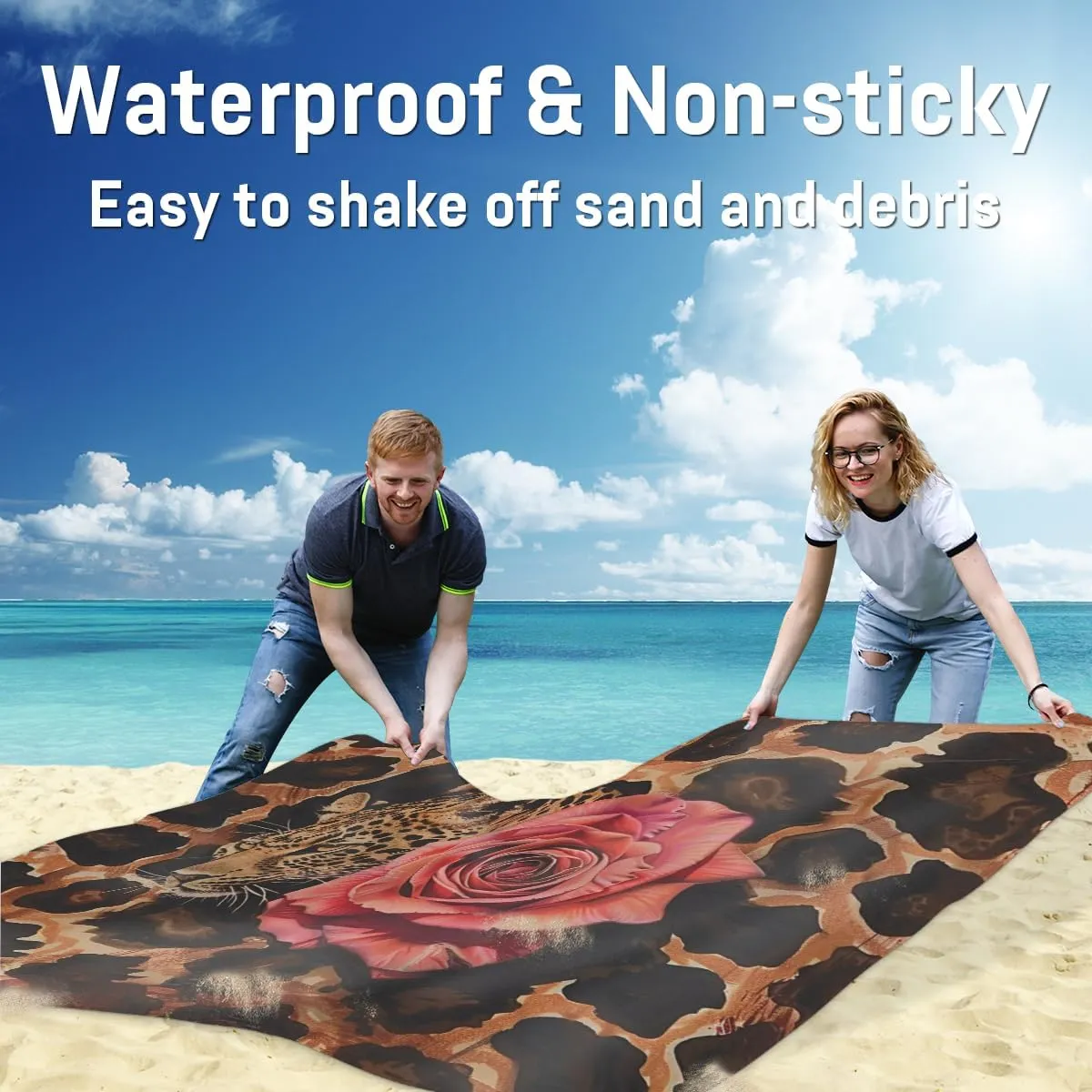 Leopard Rose Beach Blanket, Sandproof Beach Mat, Adults Waterproof Quick Drying Sand Free Mat with 4 x Ground Spikes for Outdoor Travel Camping Hiking, Leopard Print
