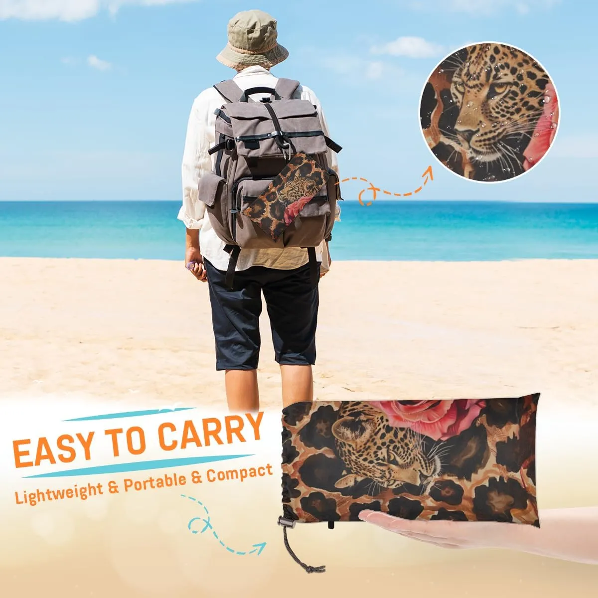 Leopard Rose Beach Blanket, Sandproof Beach Mat, Adults Waterproof Quick Drying Sand Free Mat with 4 x Ground Spikes for Outdoor Travel Camping Hiking, Leopard Print
