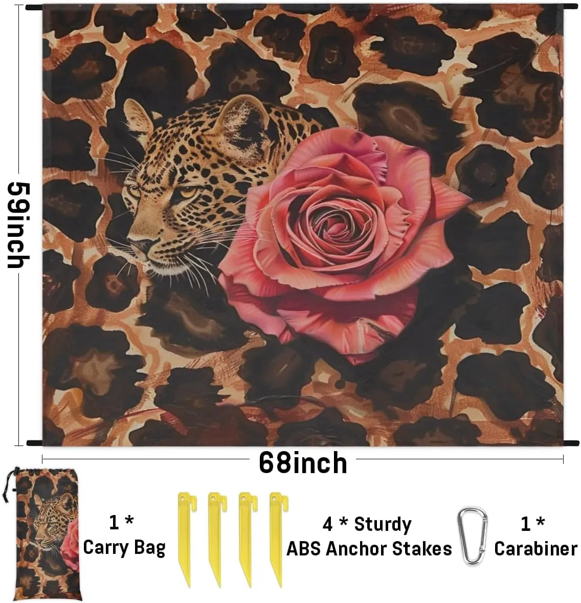 Leopard Rose Beach Blanket, Sandproof Beach Mat, Adults Waterproof Quick Drying Sand Free Mat with 4 x Ground Spikes for Outdoor Travel Camping Hiking, Leopard Print