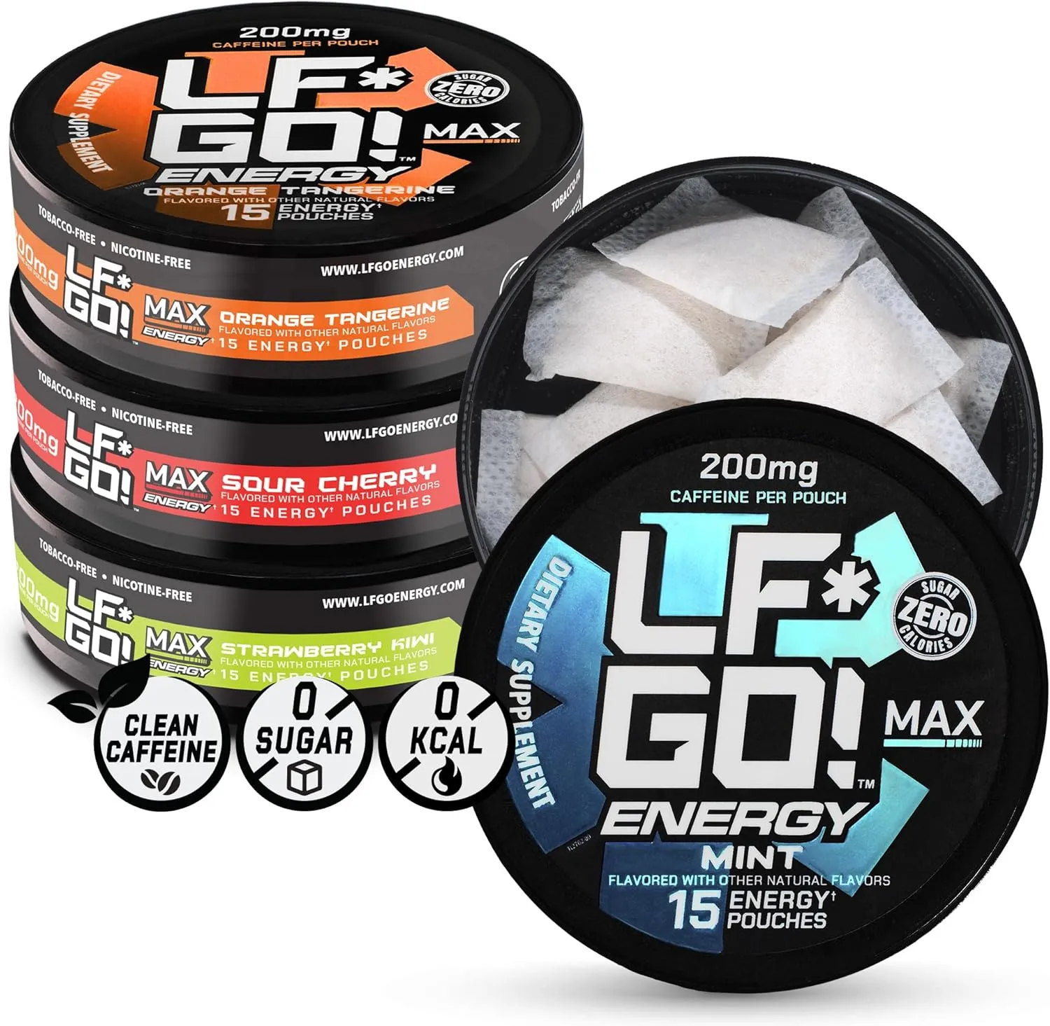 LFGO! Caffeine Energy Pouches | 200MG | 0 Calorie | 4 Pack Assorted: Sour Cherry, Mint, Orange Tangerine, Strawberry Kiwi