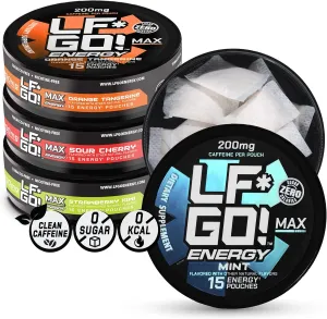 LFGO! Caffeine Energy Pouches | 200MG | 0 Calorie | 4 Pack Assorted: Sour Cherry, Mint, Orange Tangerine, Strawberry Kiwi
