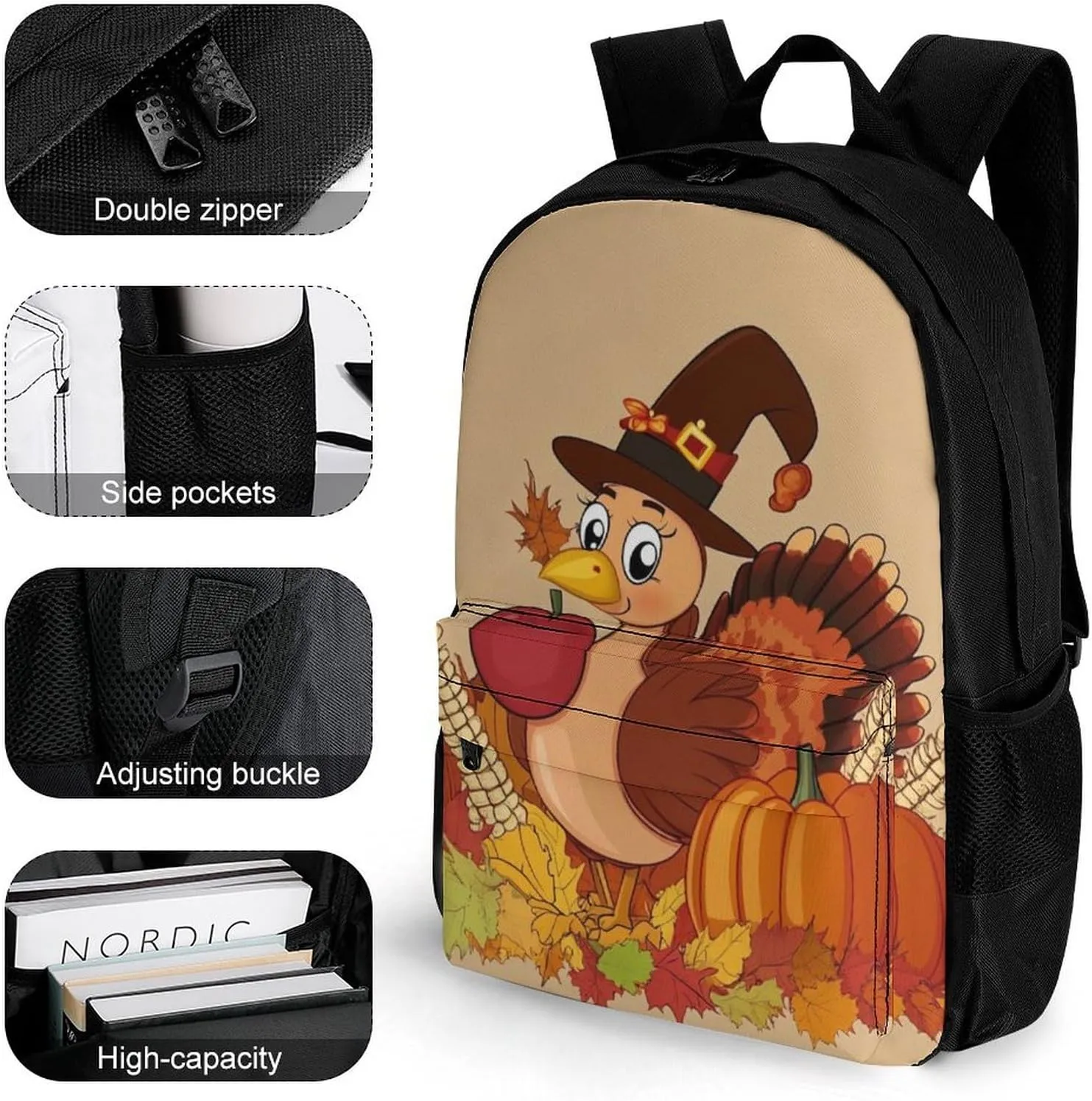 Lightweight Daypack Backpack for Trekking Work Running - Big Capacity Multipurpose Anti-Theft Bookbag, Thanksgiving Day Cute Turkey Pumpkin Business Computer Bag
