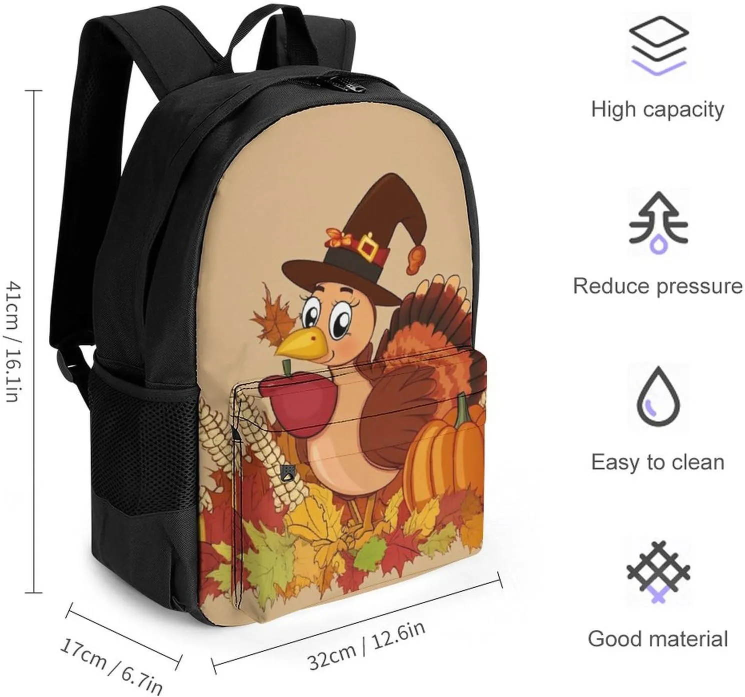 Lightweight Daypack Backpack for Trekking Work Running - Big Capacity Multipurpose Anti-Theft Bookbag, Thanksgiving Day Cute Turkey Pumpkin Business Computer Bag