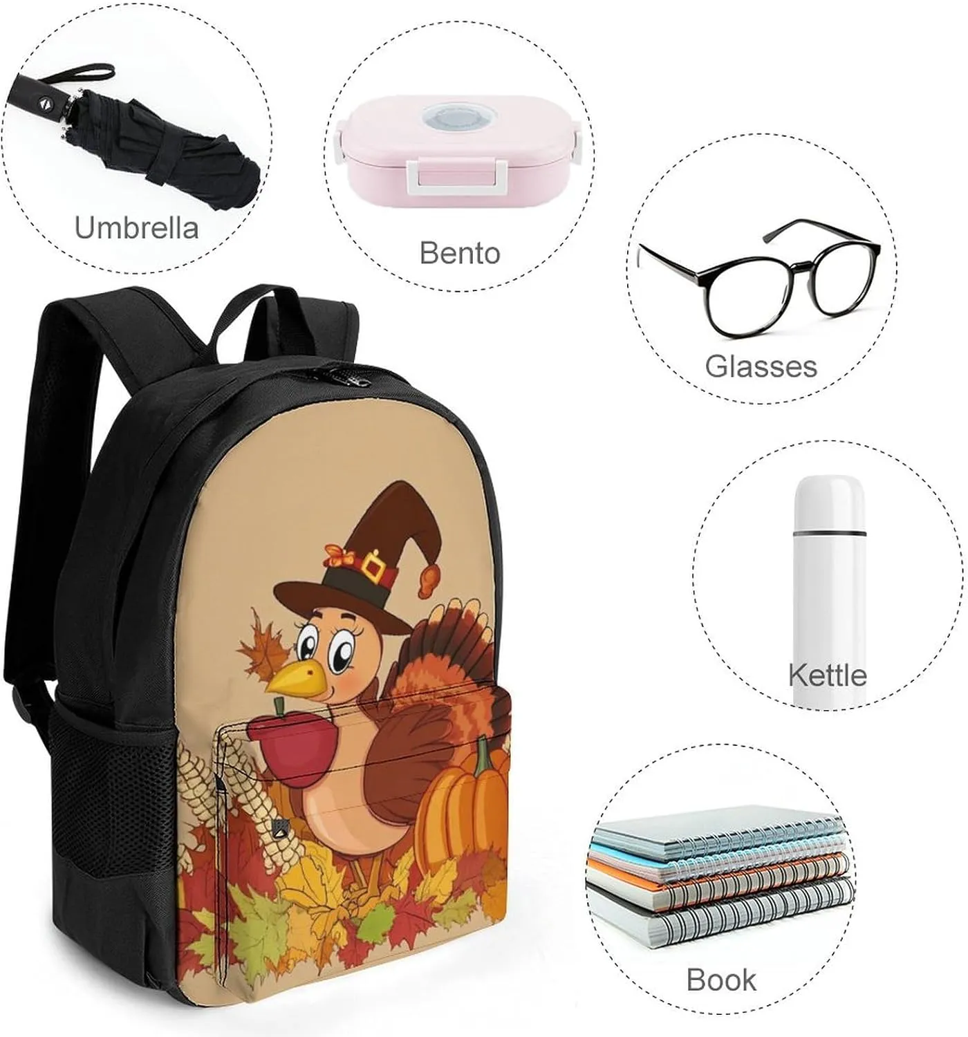 Lightweight Daypack Backpack for Trekking Work Running - Big Capacity Multipurpose Anti-Theft Bookbag, Thanksgiving Day Cute Turkey Pumpkin Business Computer Bag