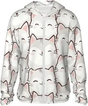 Lightweight UV Protection Sun Jacket, Cartoon White Cats Print Sportswear Hooded Sunblock Shirt for Outdoor