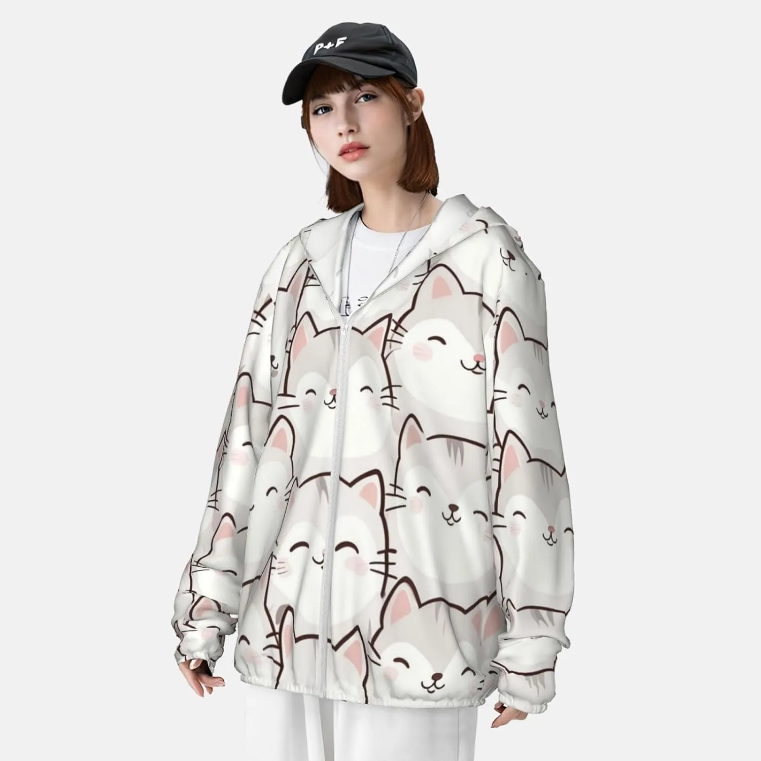 Lightweight UV Protection Sun Jacket, Cartoon White Cats Print Sportswear Hooded Sunblock Shirt for Outdoor