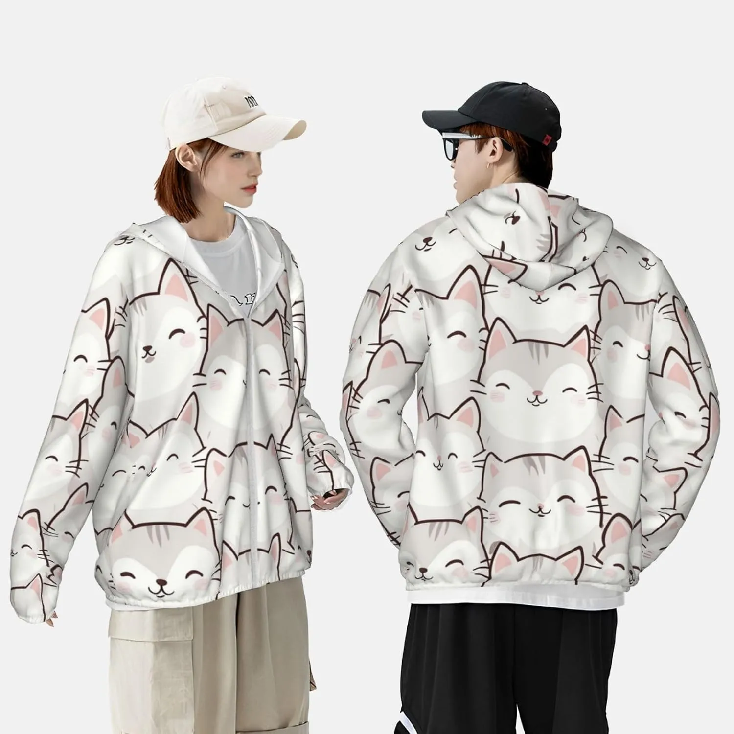 Lightweight UV Protection Sun Jacket, Cartoon White Cats Print Sportswear Hooded Sunblock Shirt for Outdoor