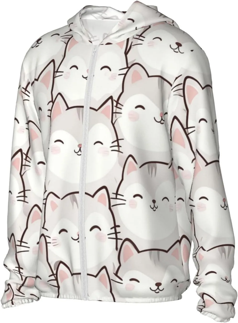 Lightweight UV Protection Sun Jacket, Cartoon White Cats Print Sportswear Hooded Sunblock Shirt for Outdoor