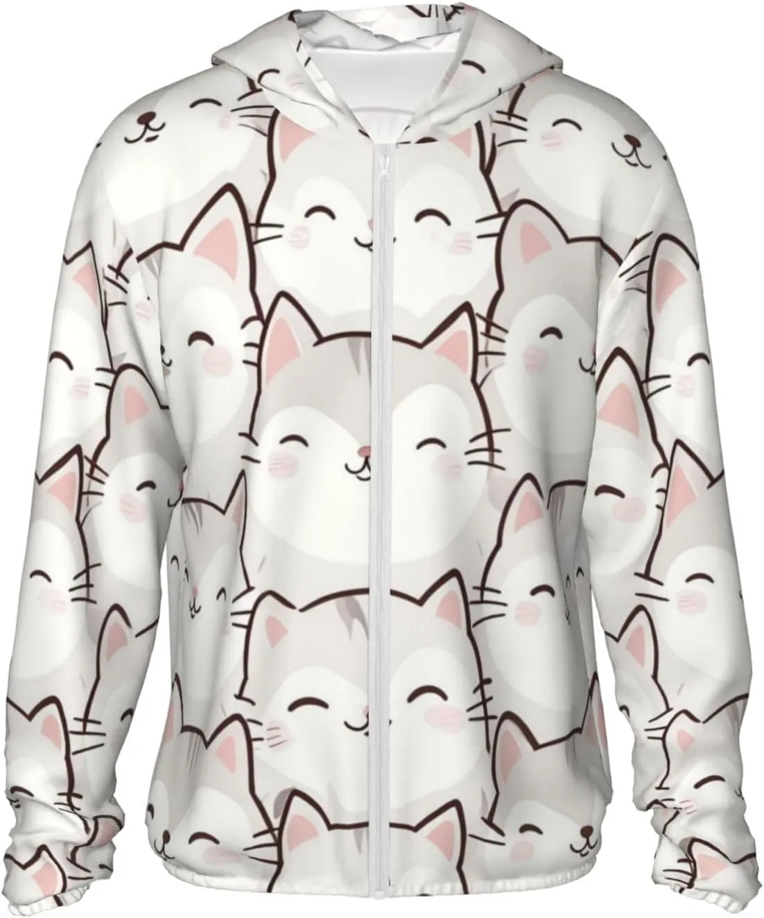 Lightweight UV Protection Sun Jacket, Cartoon White Cats Print Sportswear Hooded Sunblock Shirt for Outdoor