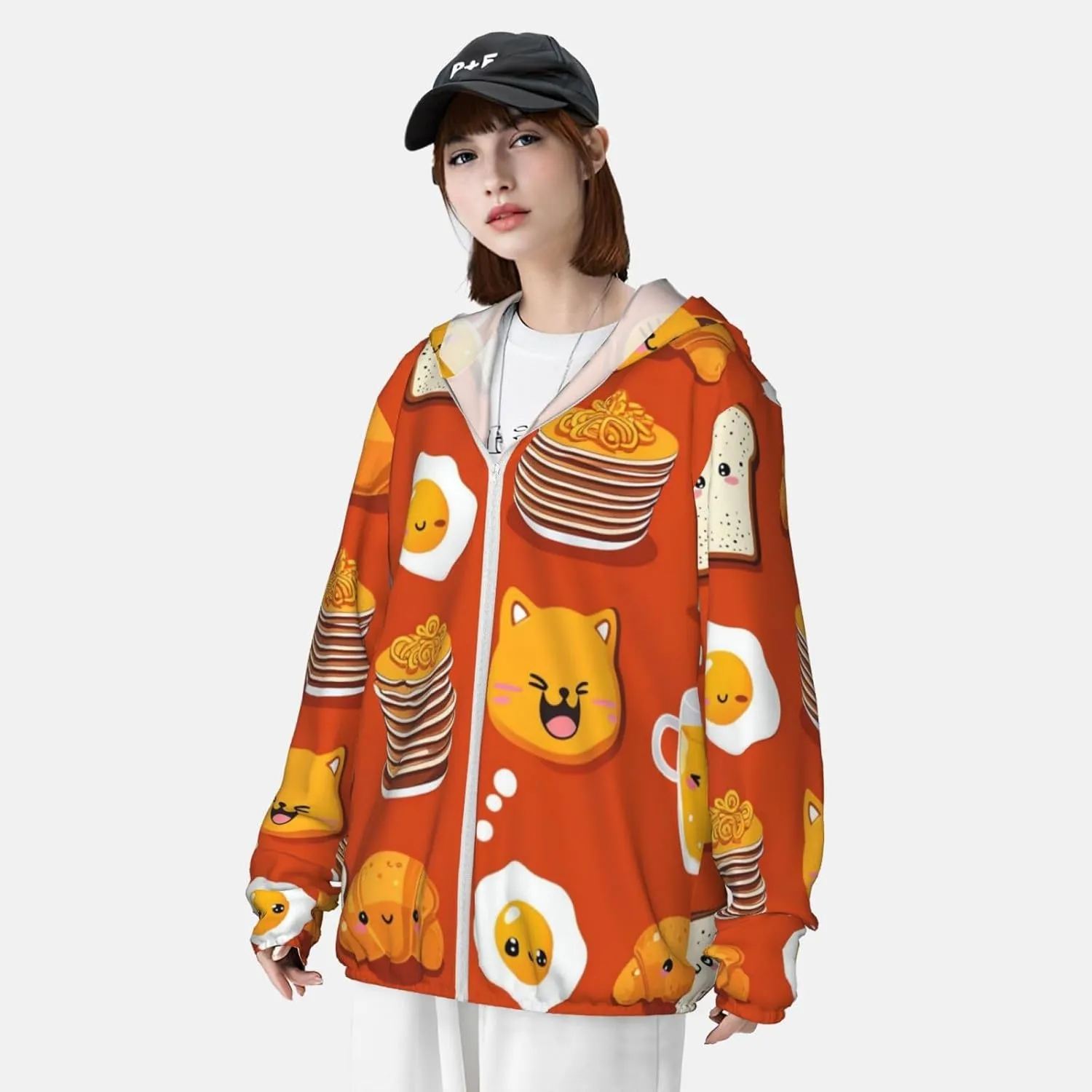 Lightweight UV Protection Sun Jacket, Cute Cartoon Breakfast Print Sportswear Hooded Sunblock Shirt for Outdoor
