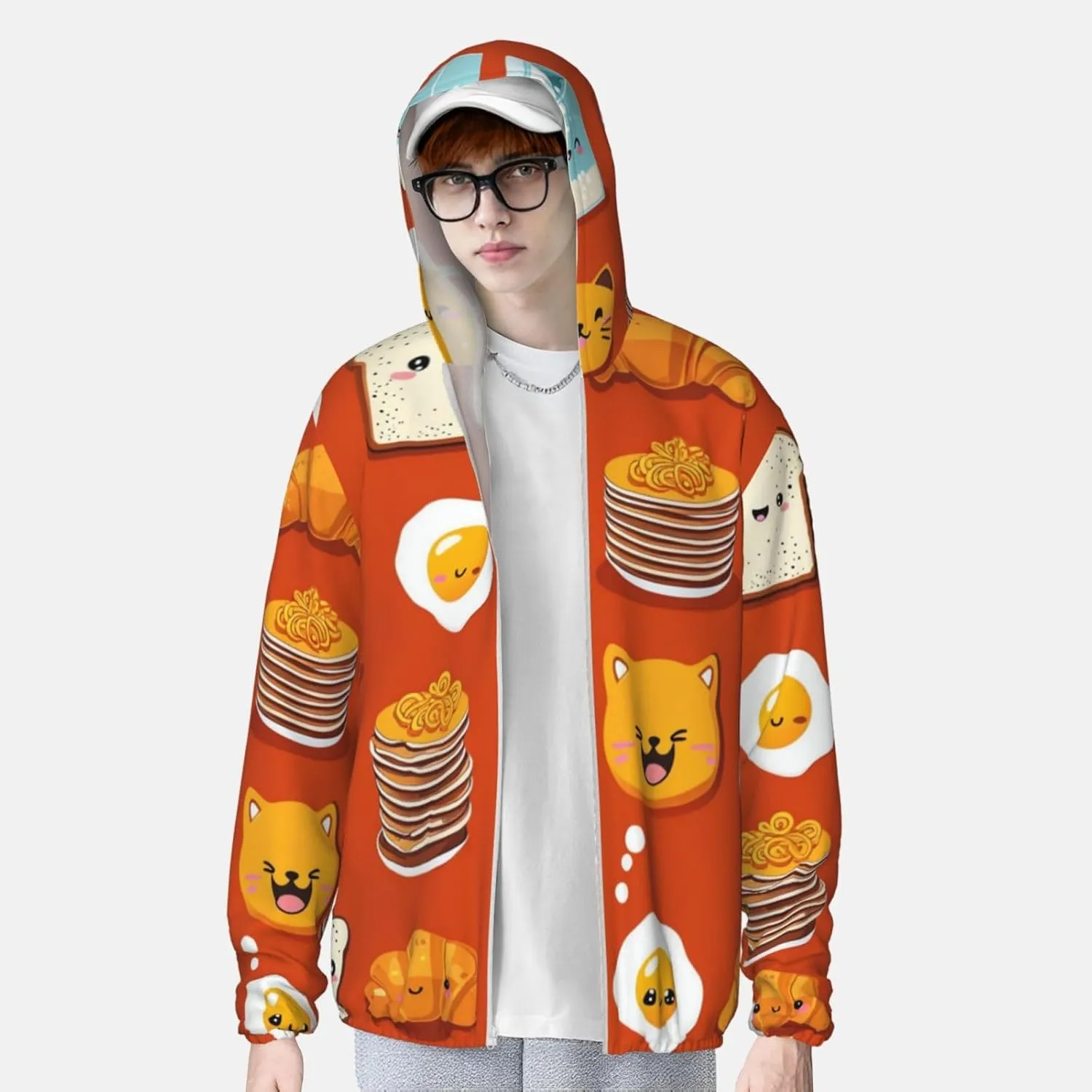 Lightweight UV Protection Sun Jacket, Cute Cartoon Breakfast Print Sportswear Hooded Sunblock Shirt for Outdoor