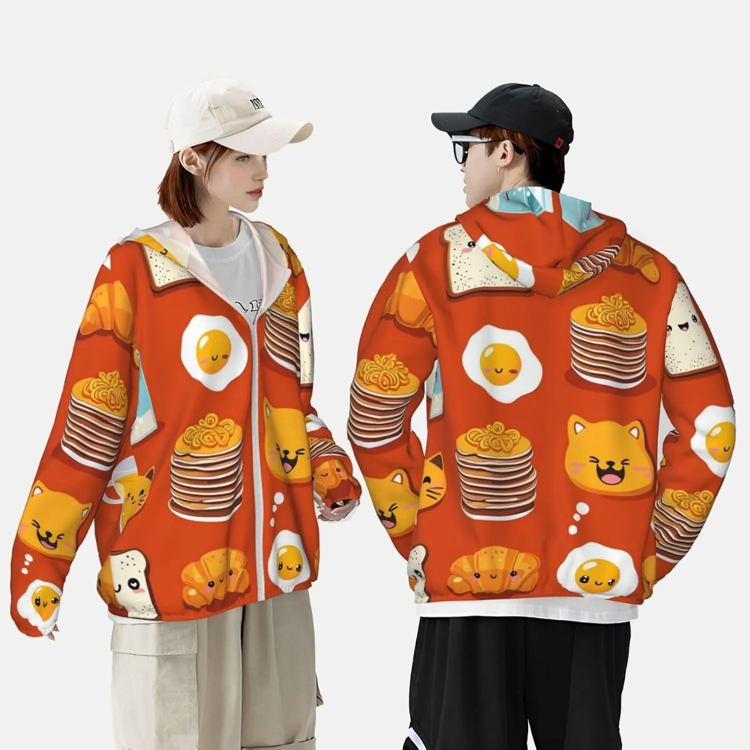 Lightweight UV Protection Sun Jacket, Cute Cartoon Breakfast Print Sportswear Hooded Sunblock Shirt for Outdoor