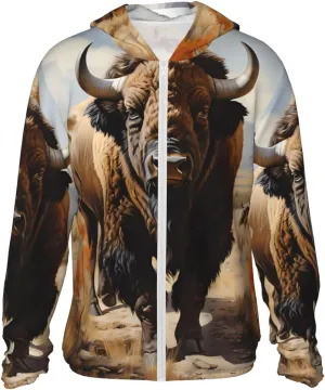 Lightweight UV Protection Sun Jacket, North American bison herd Print Sportswear Hooded Sunblock Shirt for Outdoor
